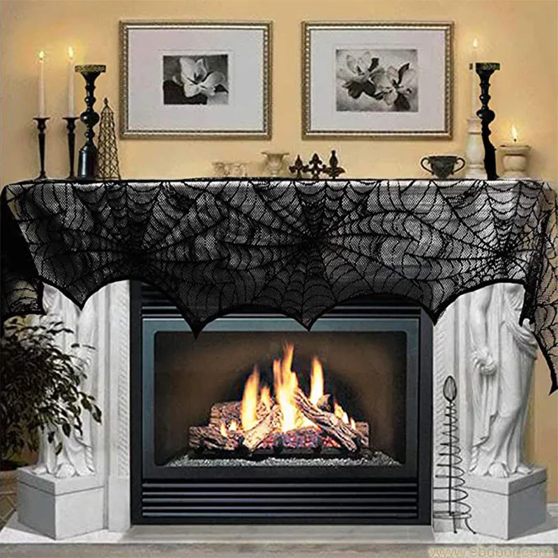 Festive Party Supplies Halloween Decoration Black Lace Spiderweb Fireplace Mantle Scarf Cover