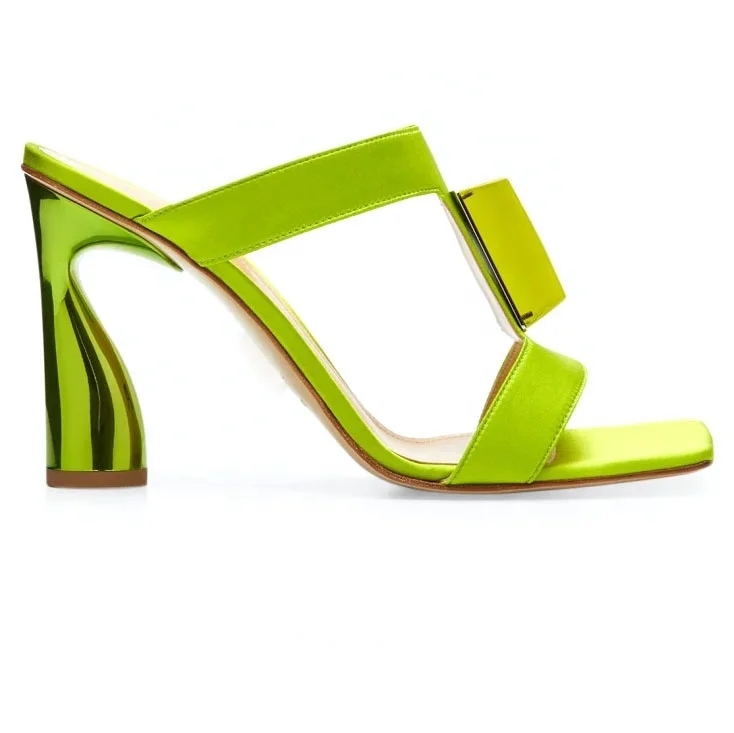 Anmairon Fashion Royal Blue Satin Square Toe Chunky Heel Dress Sandals Luxury Special Heel Woman Mules Shoes