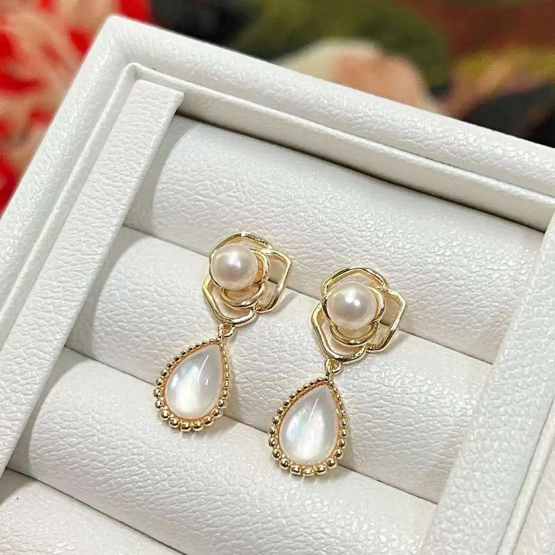 New Camellia Flower Water Ear Drops 6-7MM Natural High Quality Freshwater Pearl Chinese Classical Pendant Earrings