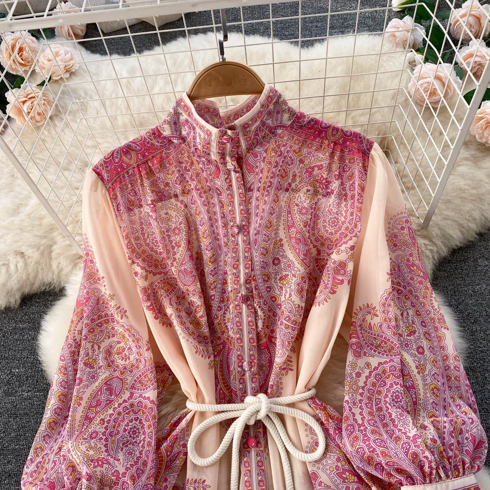 New Design Casual Stand Collar Ladies Lantern Sleeve boho custom all over 3d floral Print Loose Maxi long shirt Dress for Women