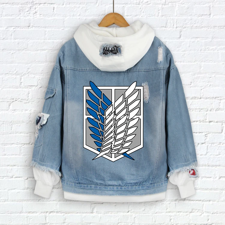 Attack on Titan Hooded Jacket Anime Print Denim Jacket Wholesale Blue Denim Jacket