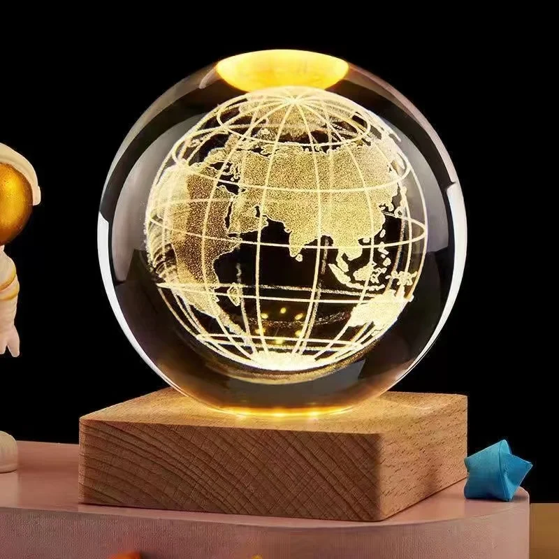 Горячая Распродажа, 60 мм 3D лазерная гравировка, Хрустальный Галактический шар с теплой деревянной светодиодной подсветкой