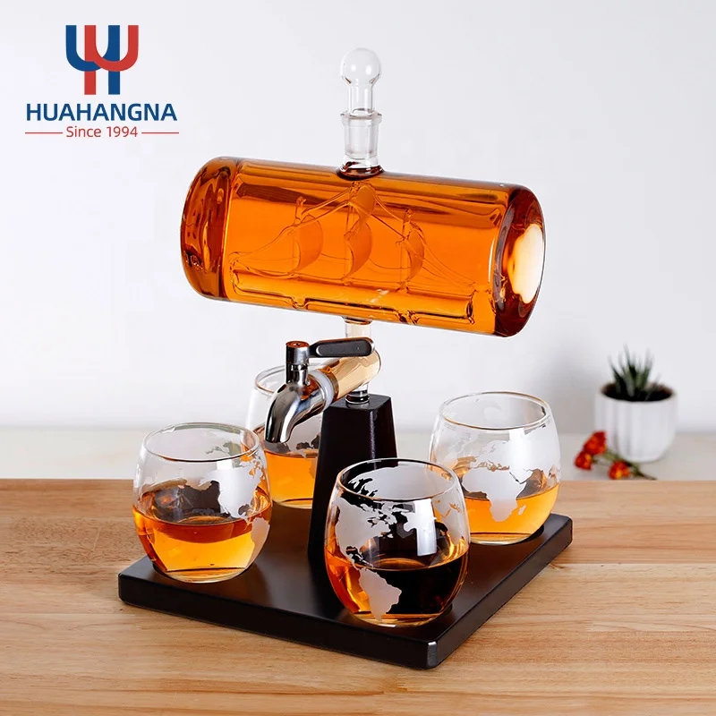 Набор с графином для виски и вина ручной работы 1000 мл 4 круглыми бокалами ликера рома или спирта