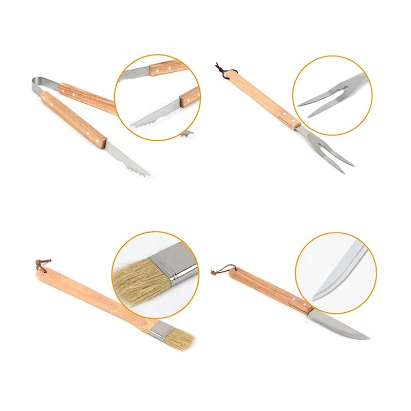 BBQ Accessories 5 Piece Stainless Steel Barbecue Grill Utensil Tools Set Bamboo Wooden Handle BBQ Tool Sets with Wood Box Case