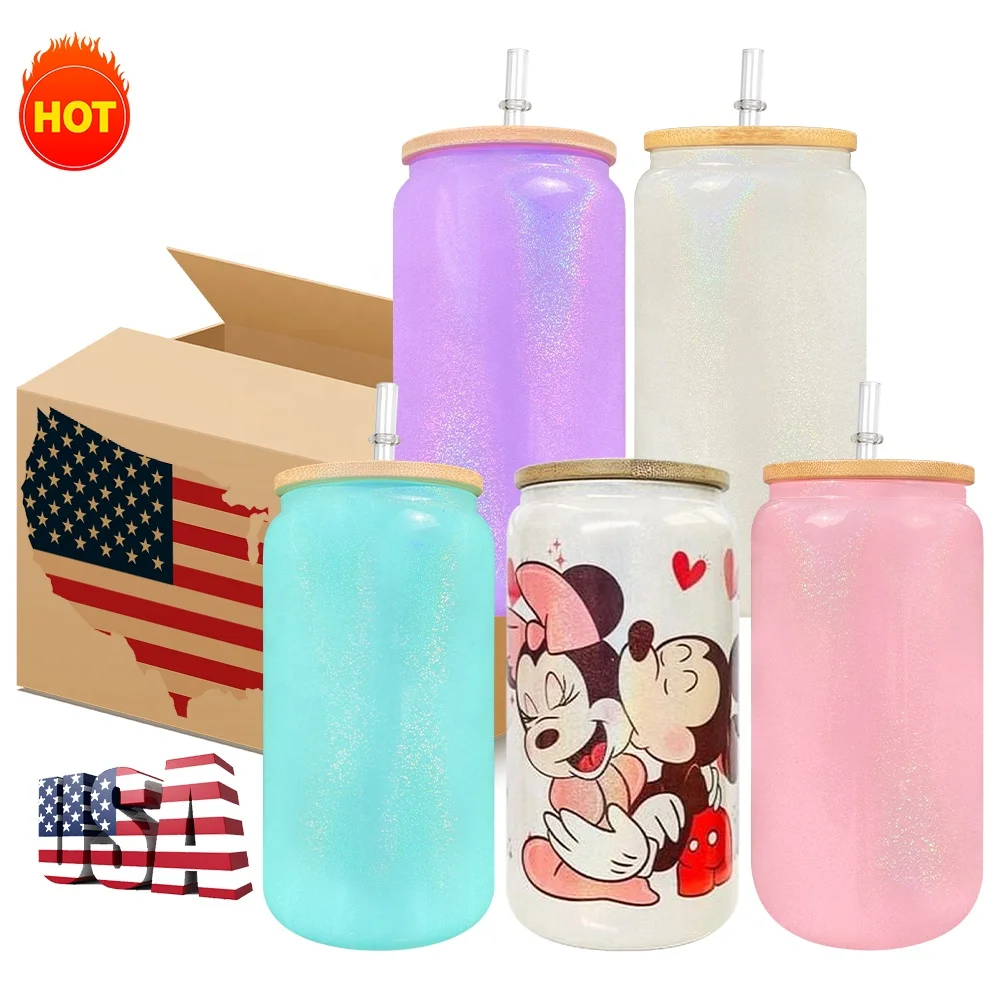 Wholesale Bulk USA warehouse 20oz shimmer glitter glass can Sparkle shiny Sublimation shimmer beer glass can with bamboo lids