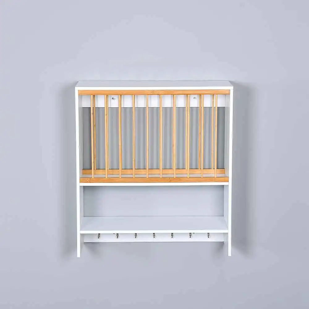 Kitchen Organization Tableware Holder Wooden Wall Mounted Hanging Bamboo Dish Drying Rack Drain Plate Rack Drainer With Hooks