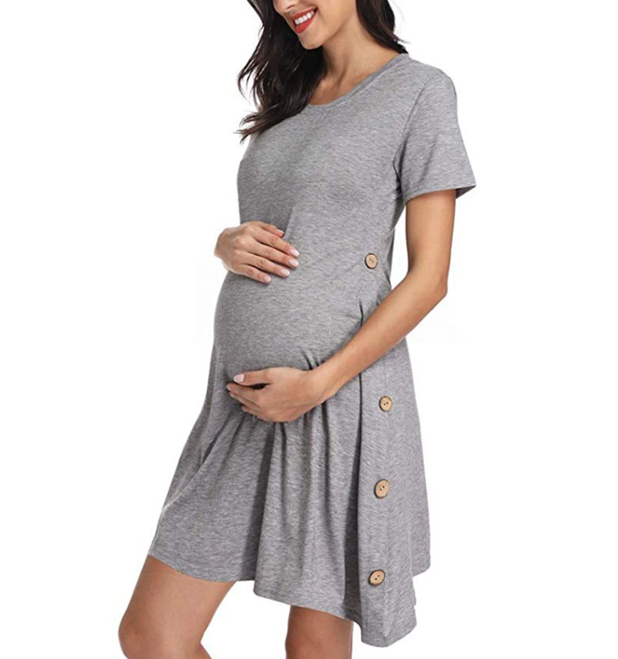 New Round Neck Short Sleeve Slim Button Solid Dress Stretch Maternity Dress