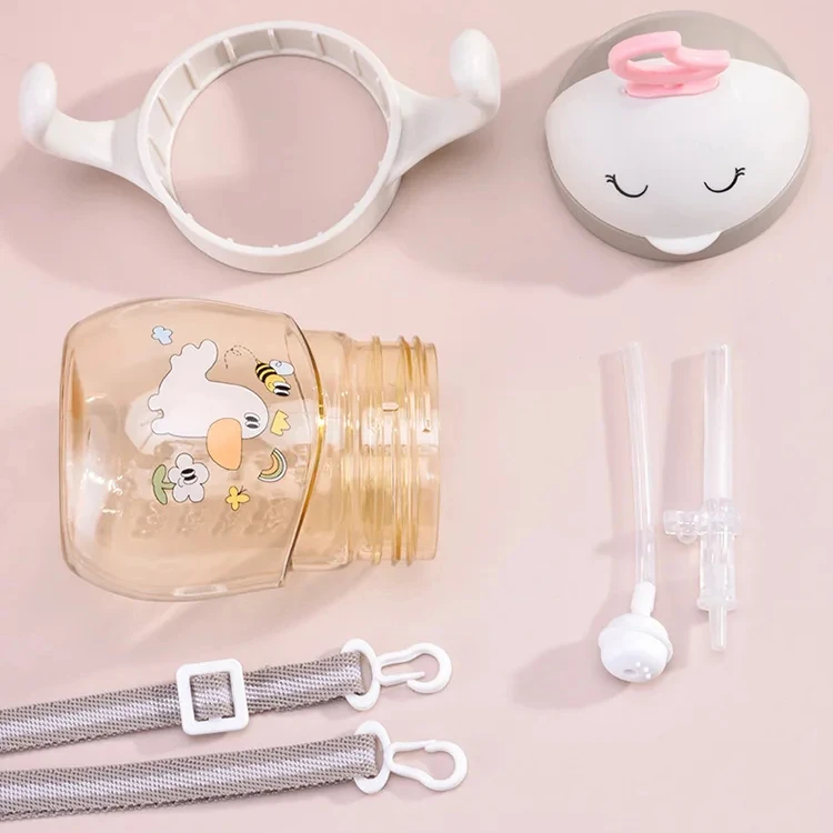 Kids Children Cartoon Animal School Drinking Water Straw Bottle Gravity Ball Straw Baby Cup with Shoulder Strap Water Bottle