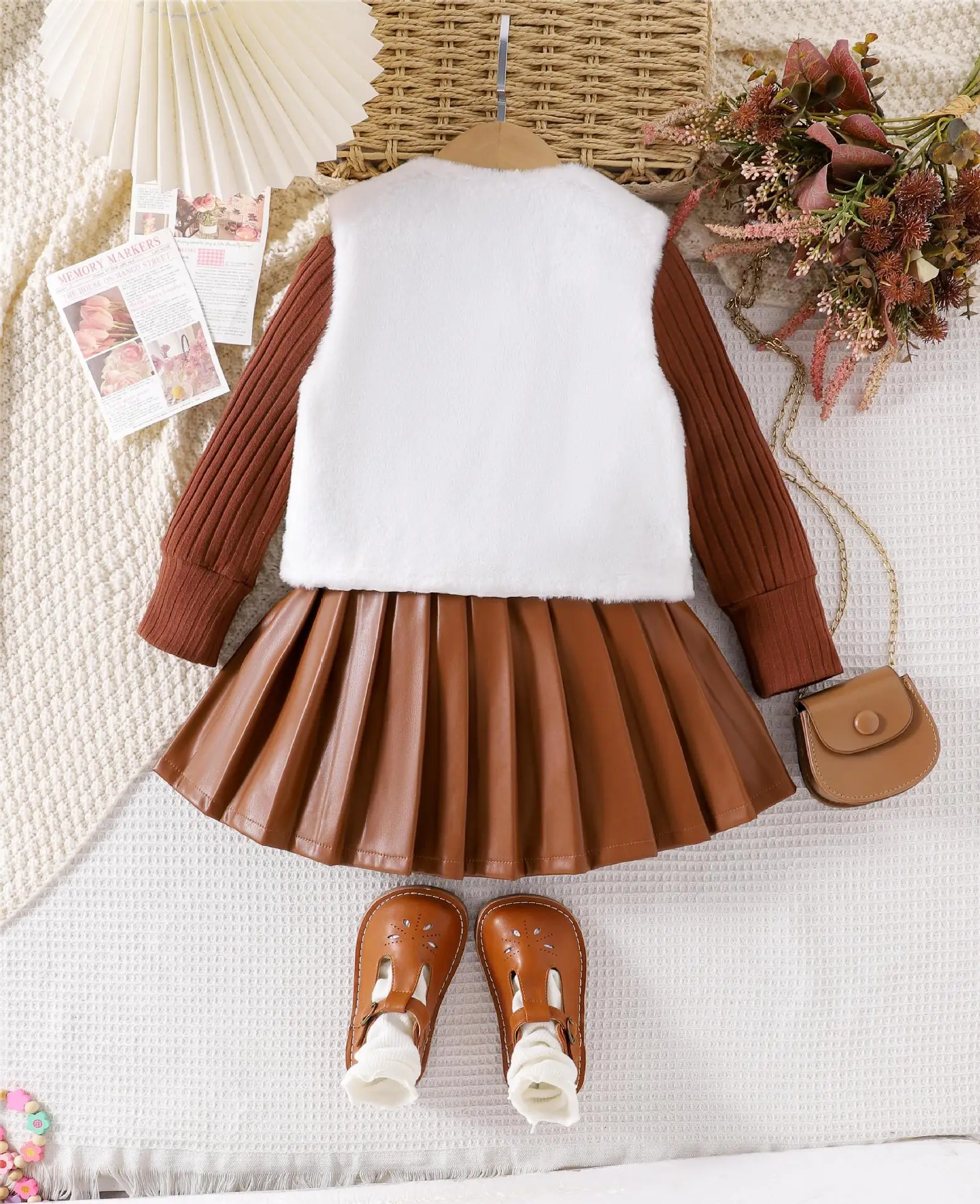 Hot sale Girls Autumn Winter Clothes Sets Kids Clothing Long Sleeved Top Pleated Short Skirt Furry Vest Bow   Children  Outfits