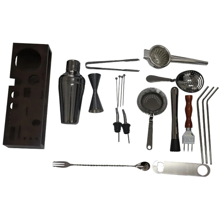 
bartender kit Bamboo Stand Mirror Cocktail Shaker Set Stainless Steel Twenty-Piece Set Bar Set 