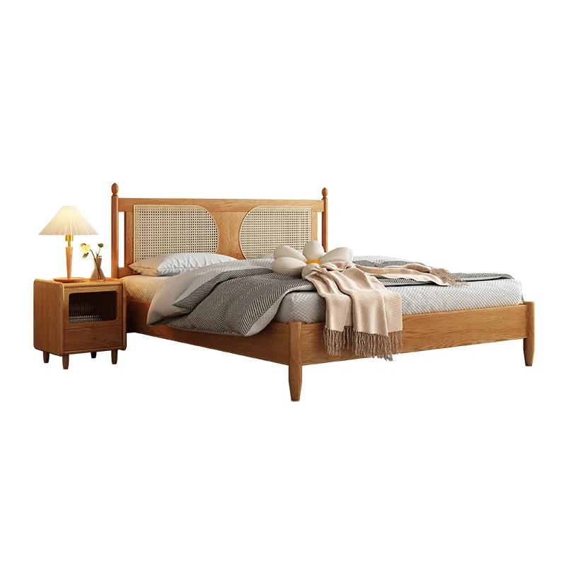 Nordic All Solid Wood Tatami Low Bed Homestay Home Bedroom 150/180 Double Retro Japanese Rattan Bed