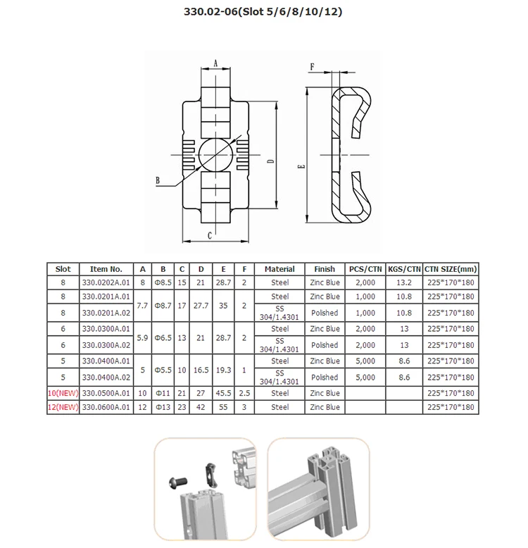 Profile Connector 330.02-06 Slot 5/6/8/10/12 Inner Connectors for aluminum profile Sample available