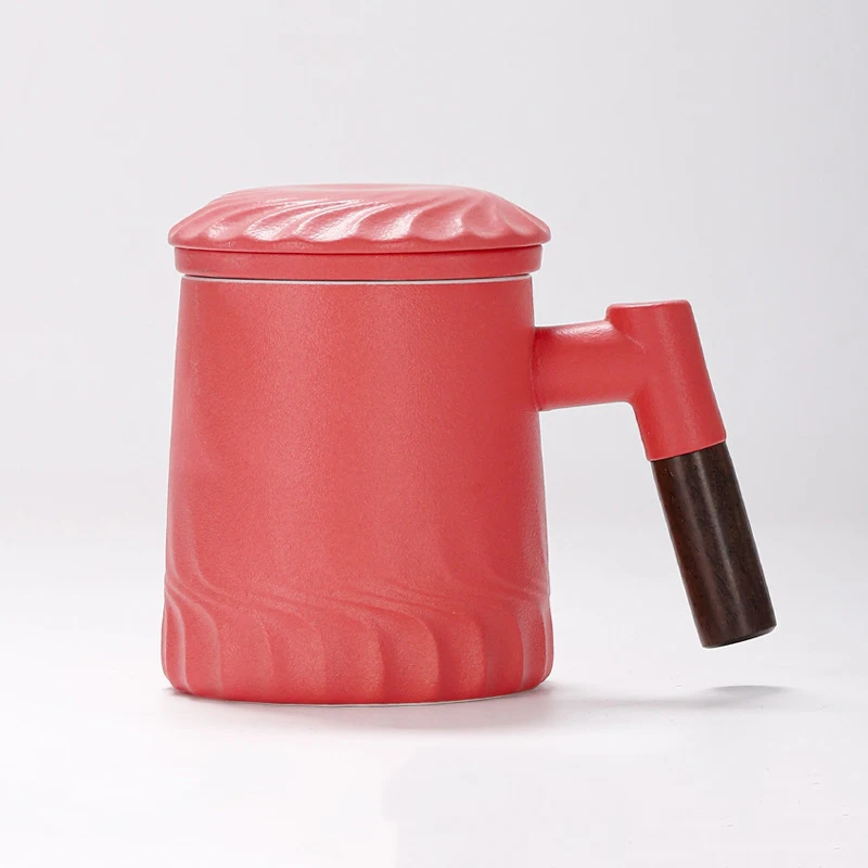 Wooden handle with lid business ceramic cup gift box tea water separation tea cup set