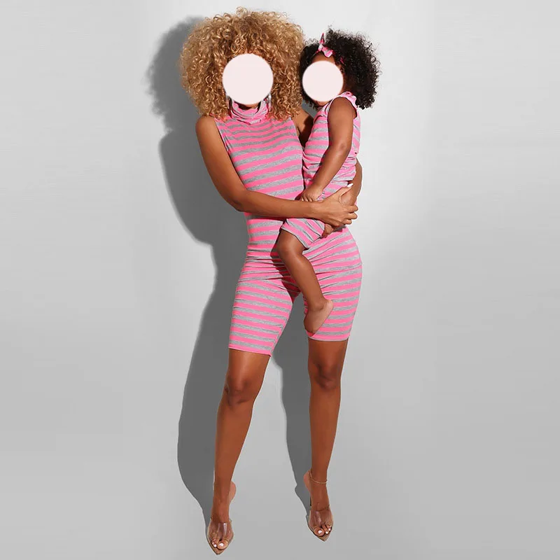 Summer Mother And Daughter Clothes 2pcs Family Matching Outfit Striped Print Sleeveless Tank Top Shorts Mommy And Me Jogger Set