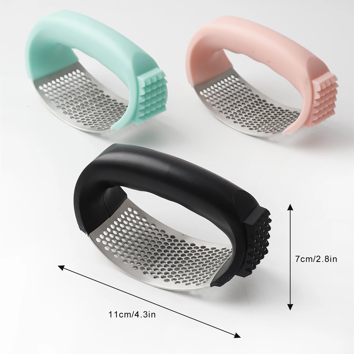 Kitchen fruit & vegetable tools pink black green soft handle arc shape pp stainless steel manual garlic press