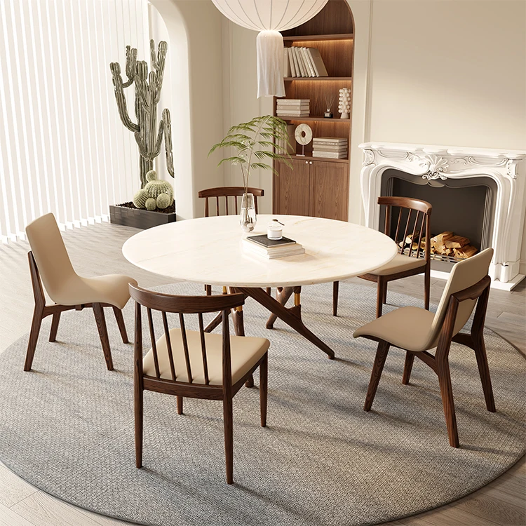 Minimalist Design 0ak Circle Table 4 6 Seater Round Shape Marble Top With Wooden Legs Dining Table Set