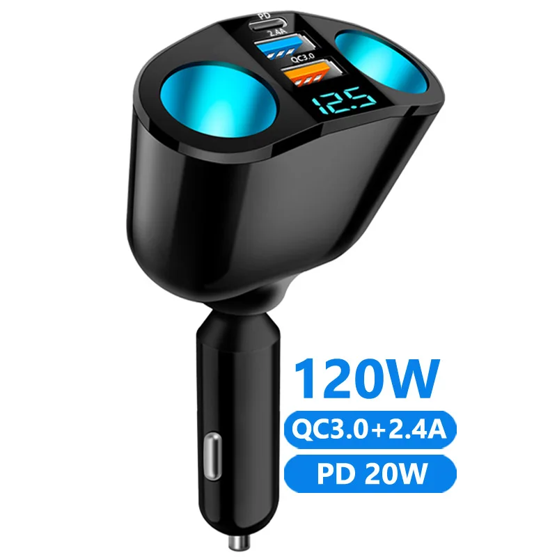 5 Holes Sockets Cigarette Lighter Power Adapter Socket Splitter 120W High Power Dual Usb Pd Car Charger Adapter