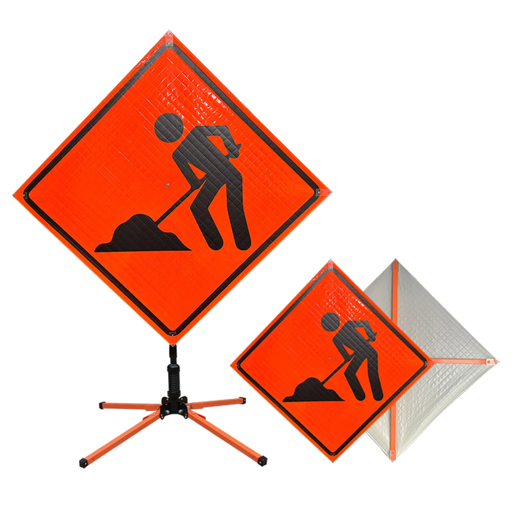 Man At Work Ahead Roadway Road Safety Construction Super Bright Vinyl Heavy Duty Roll Up Reflective Portable Traffic Sign Stands