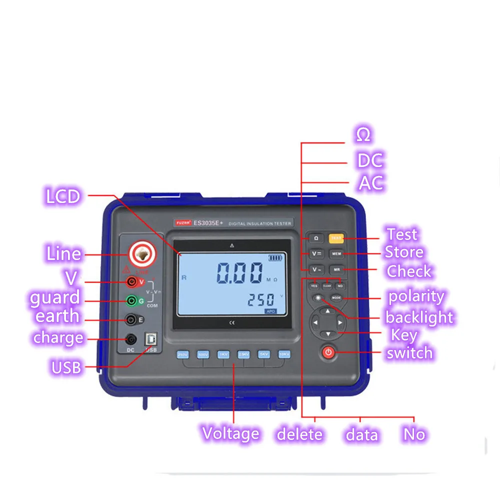 Цифровой измеритель сопротивления изоляции FUZRR ES3035E + (мегомметр 10 кВ, 1 Ом)