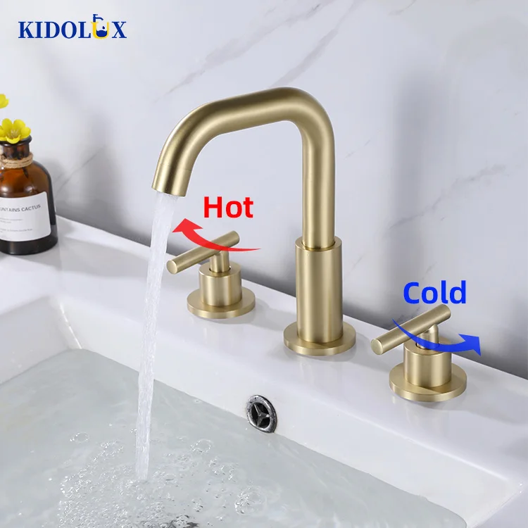 Best Customizable Brushed Gold 304 Stainless Steel Brass Two Handles Gold Tap Bathroom Wash Basin Faucet Set Supplier For Usa