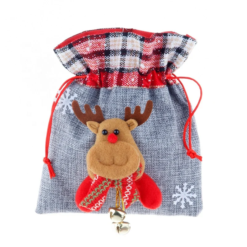 New cute linen candy gift drawstring jute bags christmas with bells