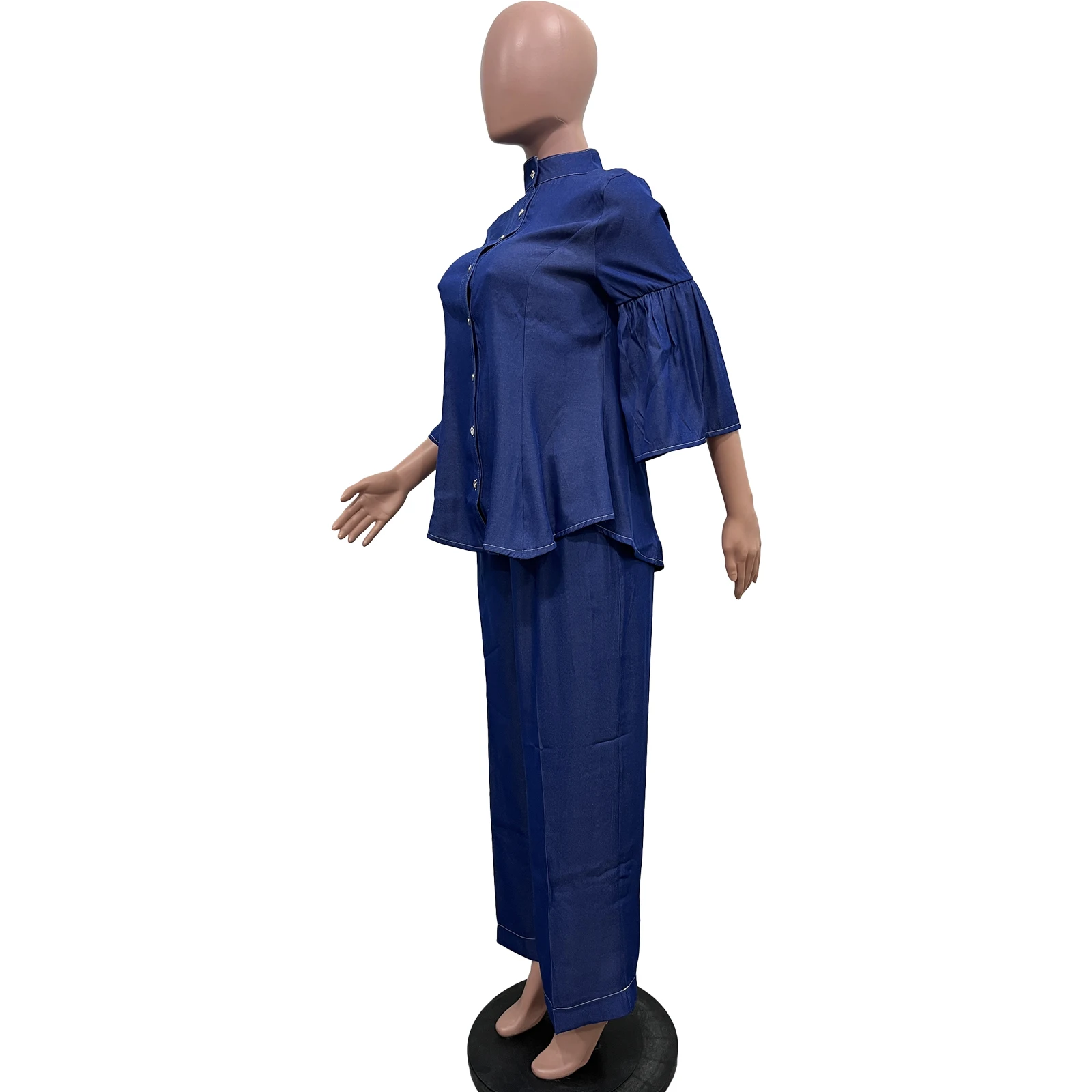 2024 Spring Clothing Women High Collar Button Flounce Top With Wide Leg Pants Denim Jeans 2 Piece Sets