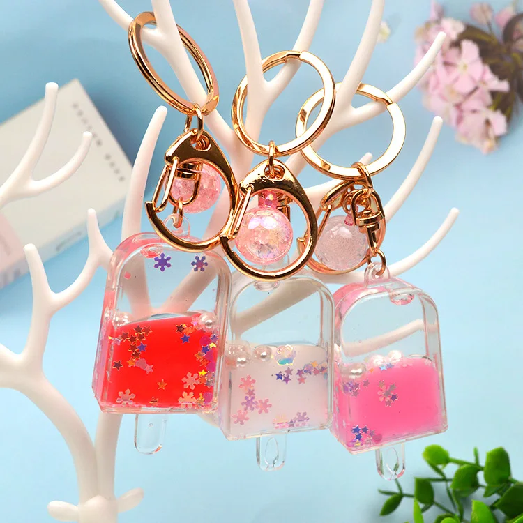 New cute key chain ring creative filled liquid oil Quicksand popsicles keychain car key ring