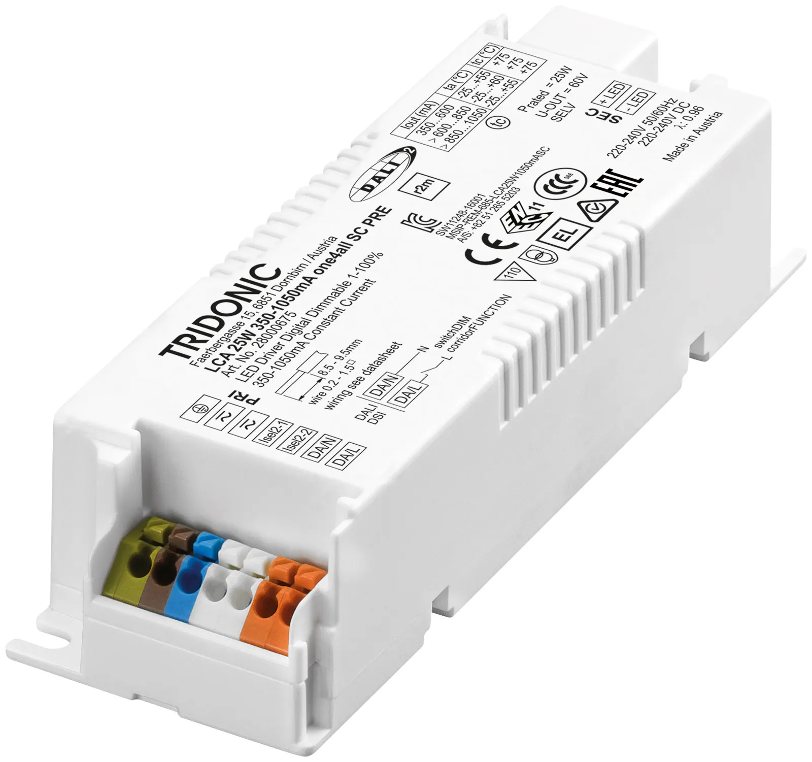 Драйвер Tridonic LCA 25W 350-1050mA one4all SC PRE Compact Driver Статья №: 28000675