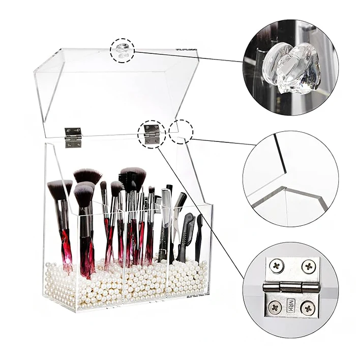 Custom Three Compartments Clear Acrylic Brushes Holder With Hinged Lid Acrylic Makeup Brush Display Box For Home