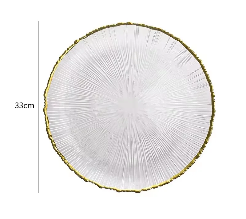 Hot Selling Classic Clear Tableware Glass Under Plates Customized Charger Plate with Gold Rim for Wedding Decoration