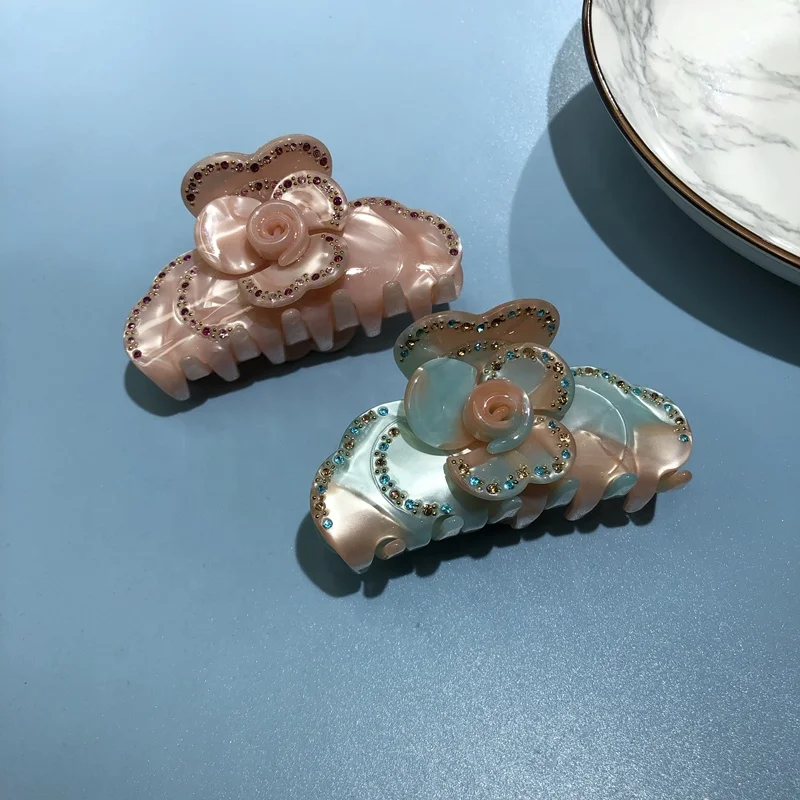 PEICHI new design crystal big flower clips rhinestone hair claw clip acetate and acrylic hair accessories for girls
