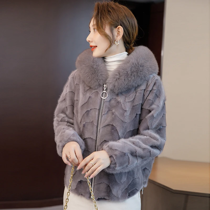 Lady Girl Luxury Fox Fur Warm Short Jacket Women Mink Fur Collar Winter Short Hooded Coat Overcoat Parka JT3235