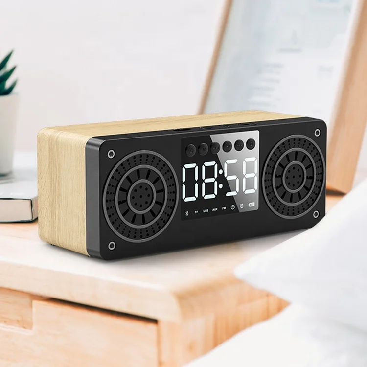 Wooden Portable BT 5.0 Speaker Alarm Clock LED Display Speakers FM radio Stereo Desktop Subwoofer Support TF AUX USB FM Radio