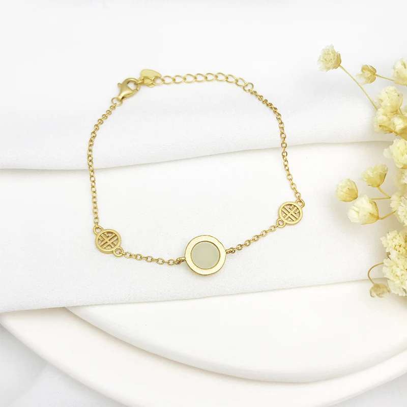 High Quality Ladies Jewelry Hetian Jade Vintage Bracelet 925 Sterling Silver Gold Plated Bracelet Chinese Ethnic Style Jewelry