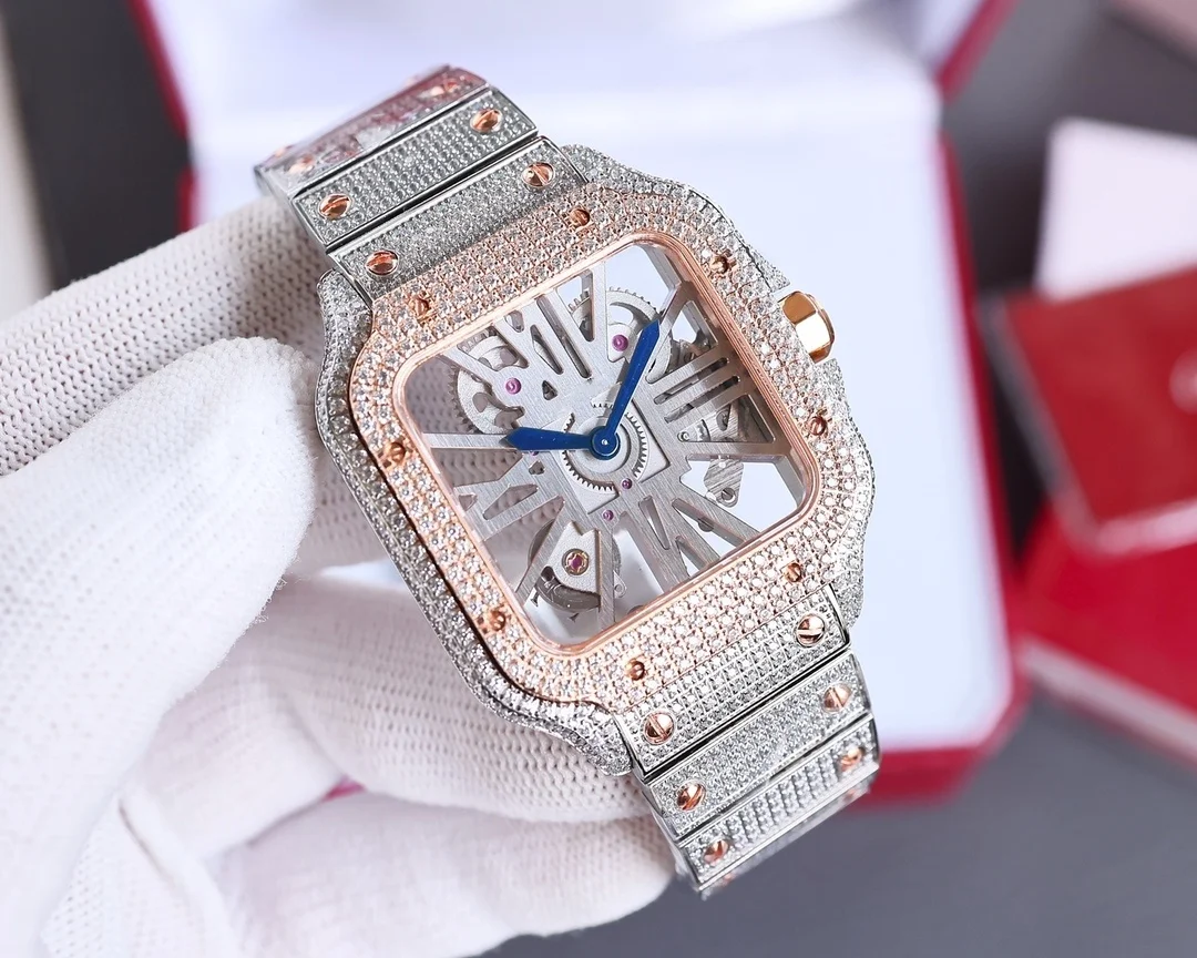 Light Jewelry New Hip Hop Jewelry Iced Out Rhinestones Quartz Watch Stainless Steel Roman Watches 18k Gold Diamond Bezel  Watch