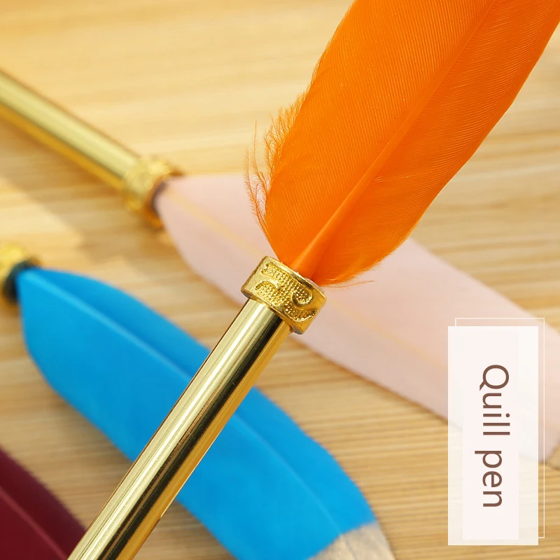 Popular portable Pink / Blue / orange / Burgundy optional private signature peacock feather ballpoint pen