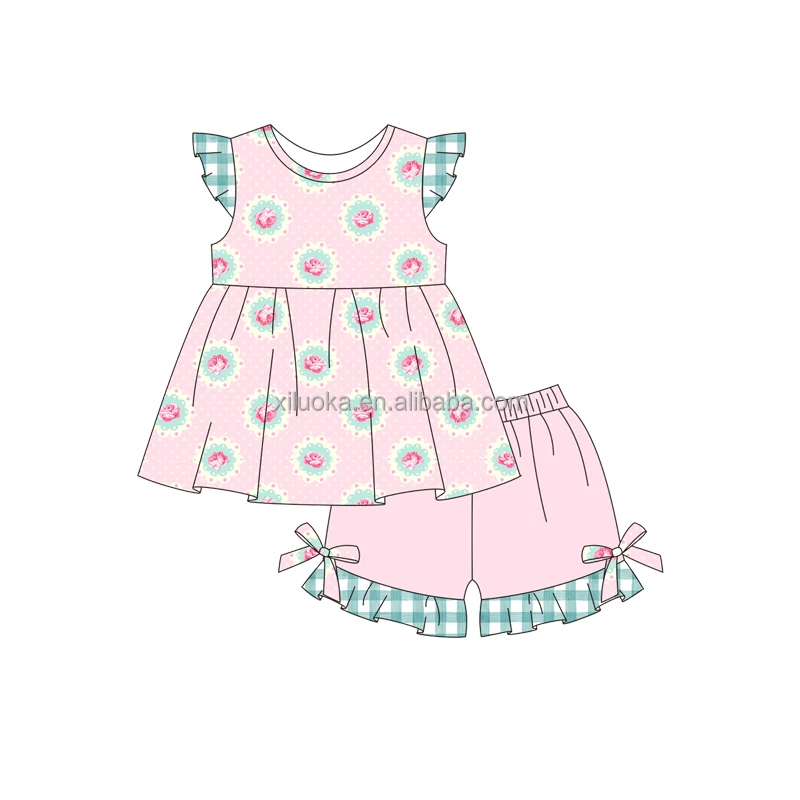 Floral Summer teen girl clothing set Stripe Ruffle Bloomer With Top Tunic Dress baby girl boutique clothing sets