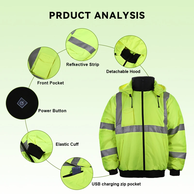 Heated Softshell Fluorescent Safety Jacket with Zipper Closure Warm Battery Pack Heated Vest and Jacket Warming Features