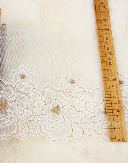 Width 18 cm Polyester gold yarn silky Flower embroidery lace For wedding Dress underwear hem curtain