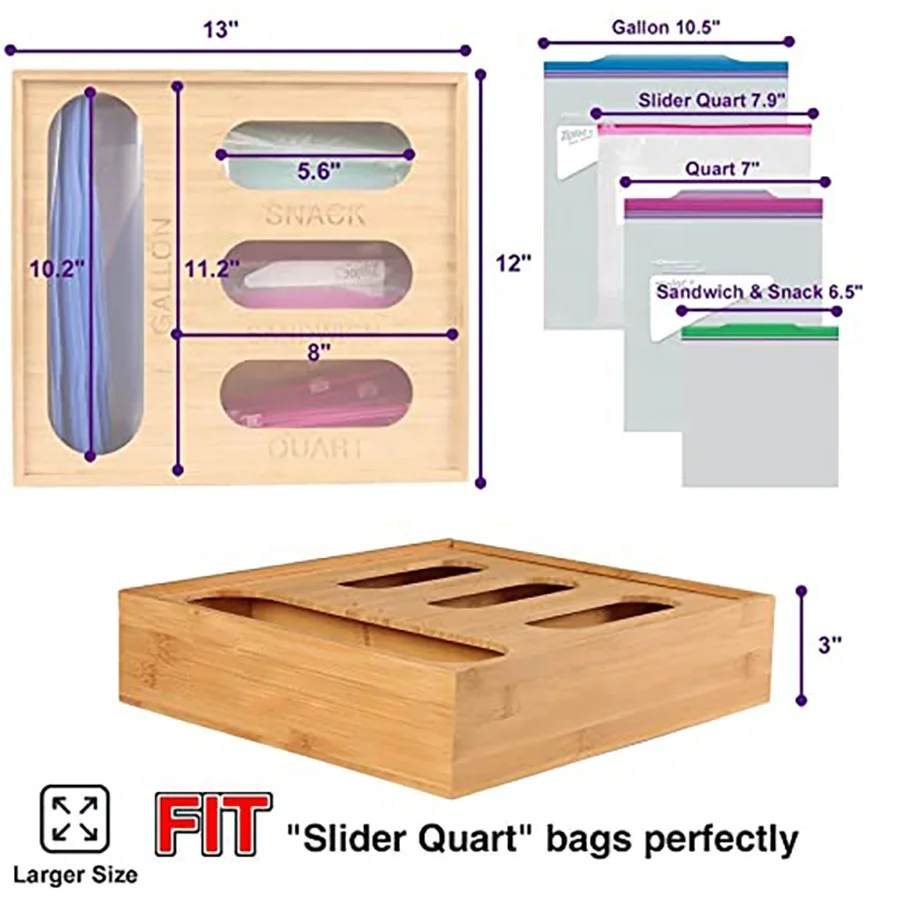 Natural kitchen wholesale bamboo ziplock bag organizer ziplock bag storage box