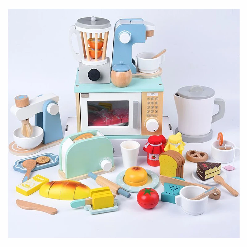 New Kids Wooden Pretend Play Sets Simulation Toasters Bread Maker Coffee Machine Blender Baking Kit Game Mixer Kitchen Role Toys