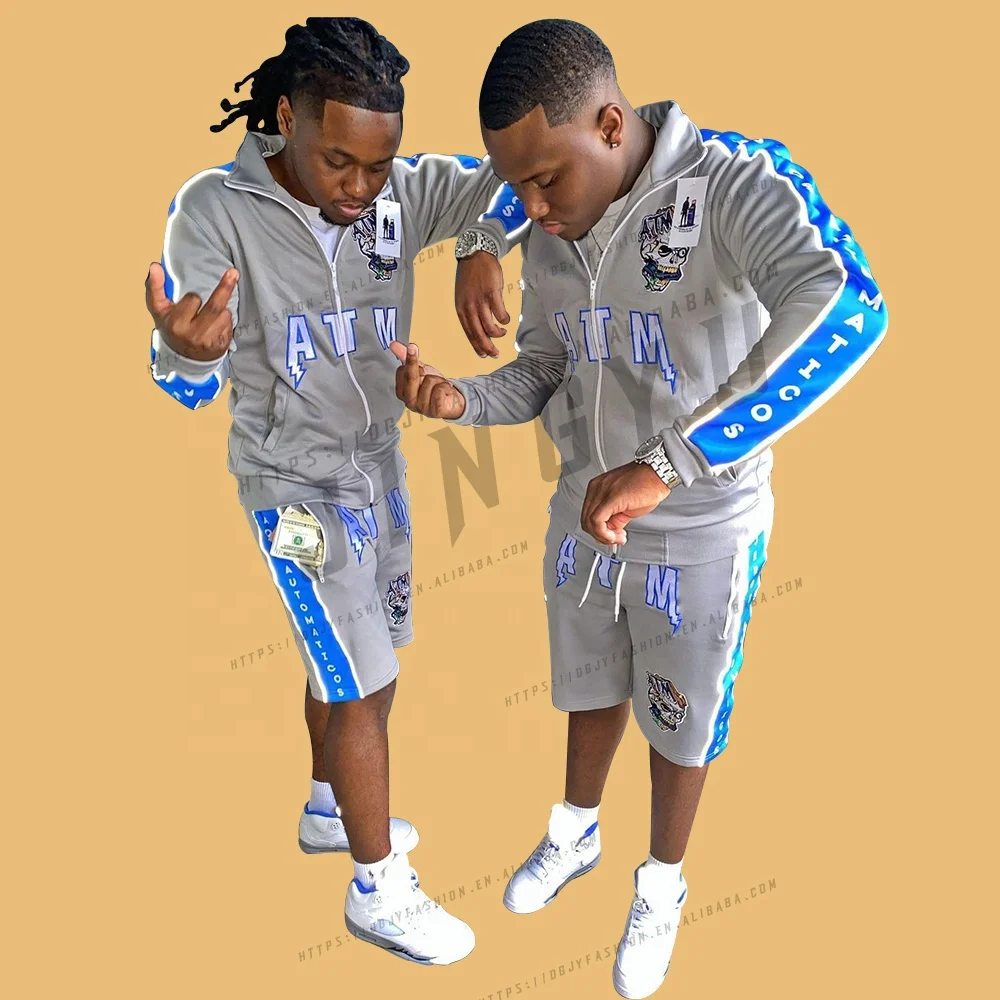 Newest Customized Sweat Suit Men shorts Jogging Sports reflect Sweatsuit Suits Wholesale side stripes reflective tracksuits