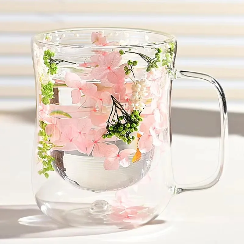 Double Walled Glass Mug Flower Double Wall Glass Tea Cups 370ml Clear Heat Resistant Glass Mug With Dried Flowers Design Double