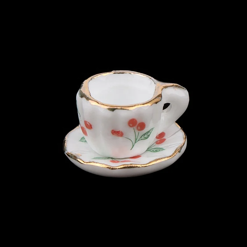 2Set 1:12 Dollhouse Miniature Cherry Ceramic Cup Saucer Kitchen Tableware Model Decor Toy Doll House Accessories