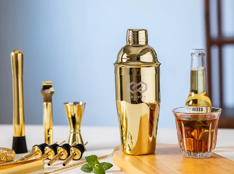 High Quality Custom Logo Home Bar Set Gold Plated Stainless Steel Bartender Kit with Cocktail Shaker Tools for Wine Lovers