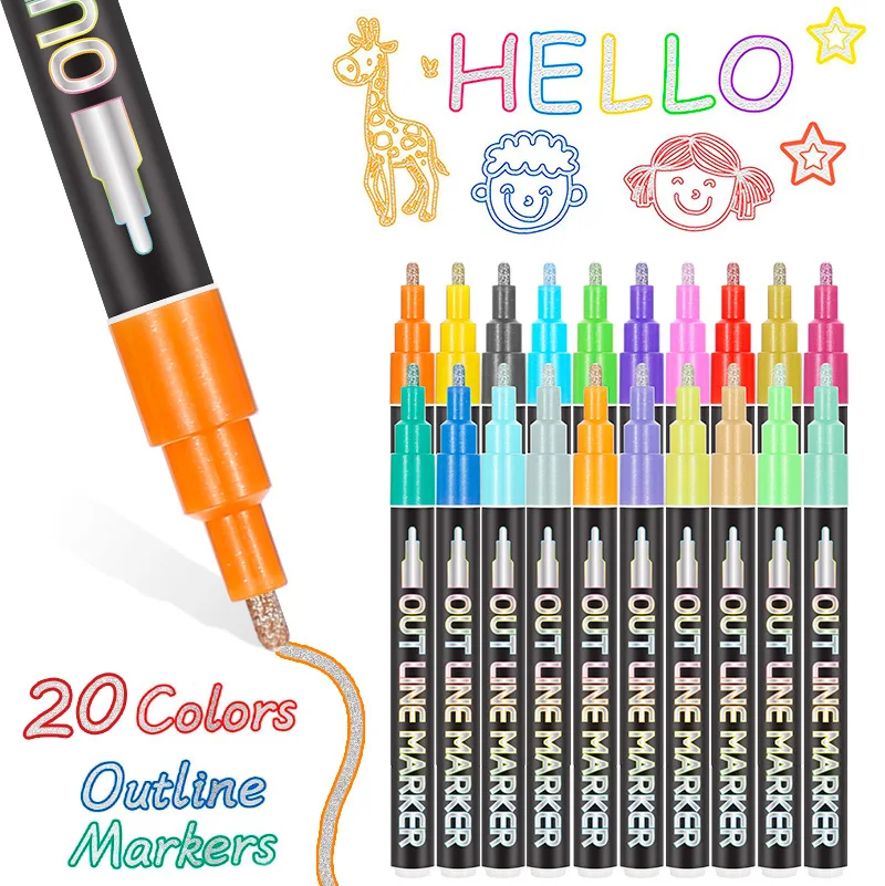 Self-outline Metallic Markers, 8/12/20  Colors Double Line Outline Squiggles Markers, washable Sketch marker pens
