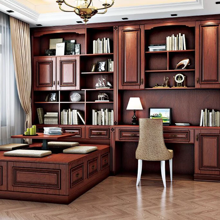 Custom European-style High-end Solid Wood Luxury Furniture Set Wall Bookshelf Bookcase With Desk