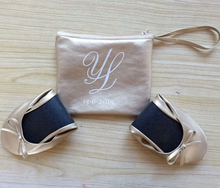 Custom Design soft gold rollable ballet flat with organza bag packing for Giveaway shoes