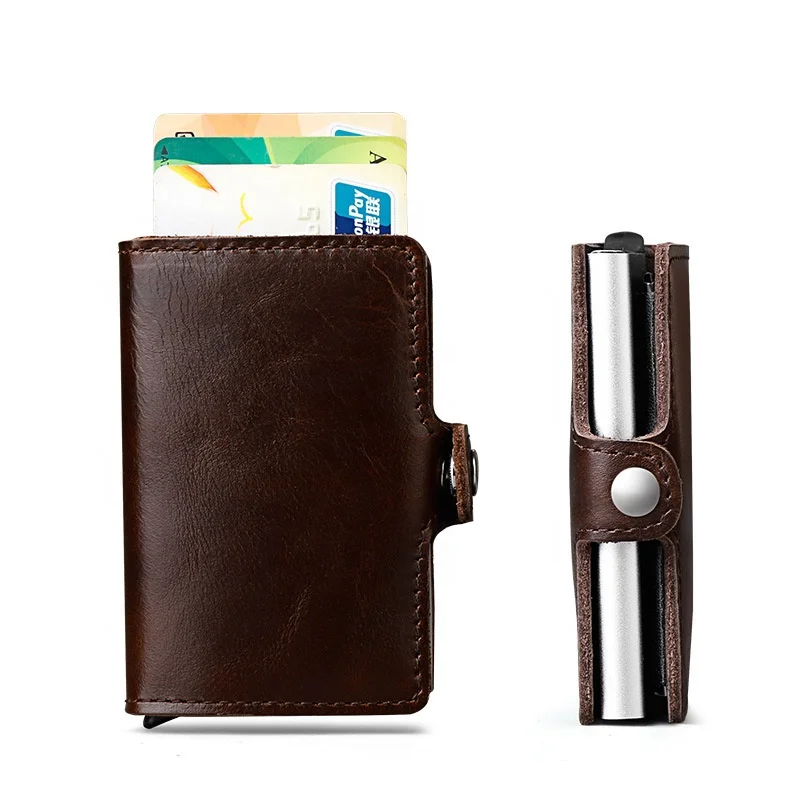 full grain genuine leather RFID automatic pop up card holder wallet for men