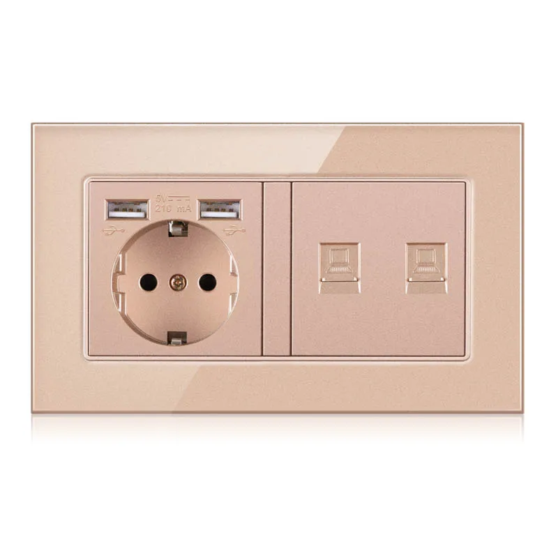 Toughened crystal glass panel German USB wall power socket plus 2 RJ-45 network sockets
